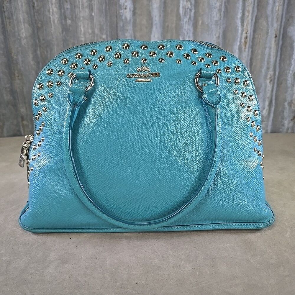 Coach MEDIUM F35216 Sierra Turquoise Blue Studded Leather Top Zip Satchel